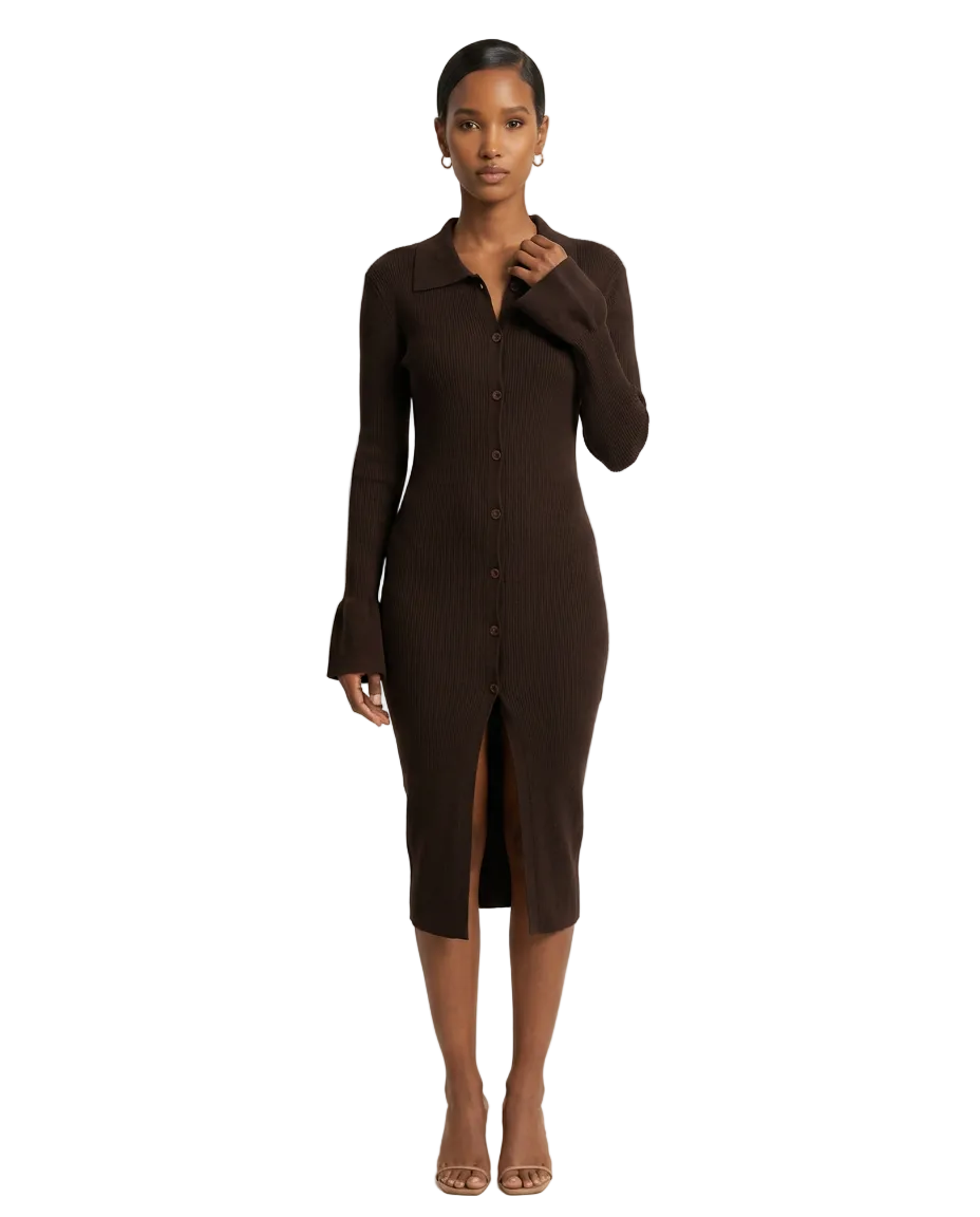 Espresso Rib-Knit Button-Front Dress
