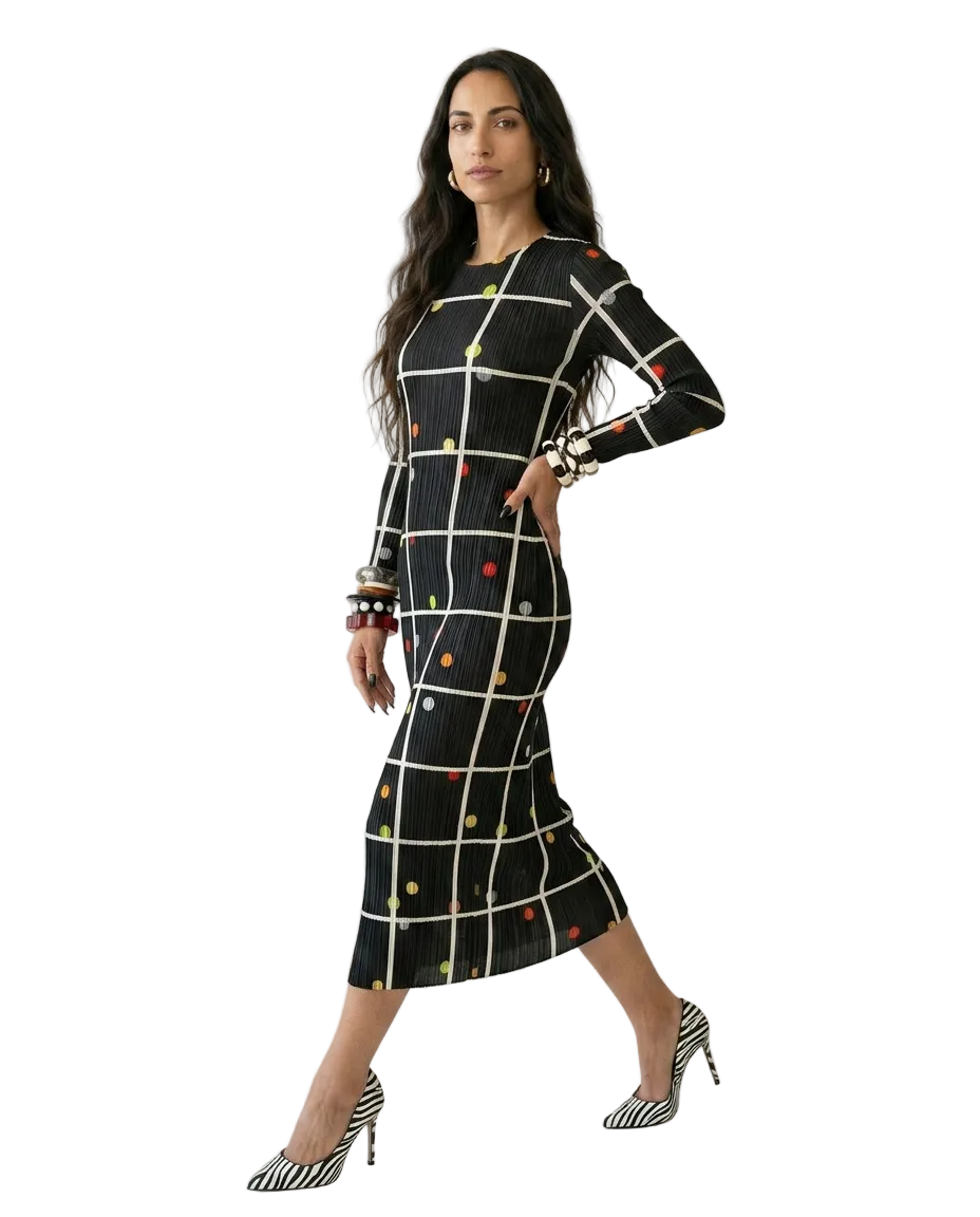 Vibrant Plaid Pleated Maxi Dress